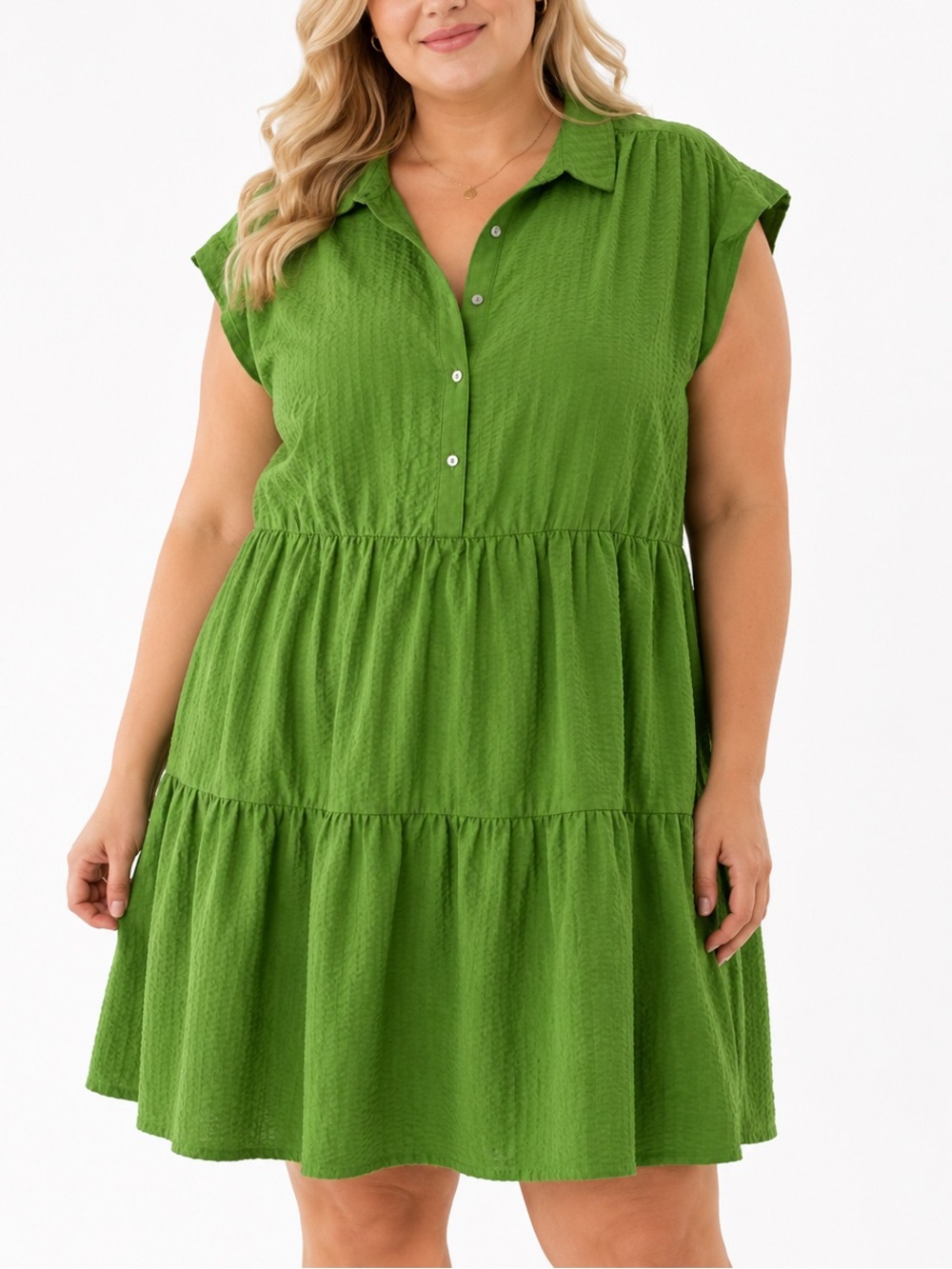 Time and Tru Womens Lime Green Tiered Dress Button Front Pockets Summer Chic